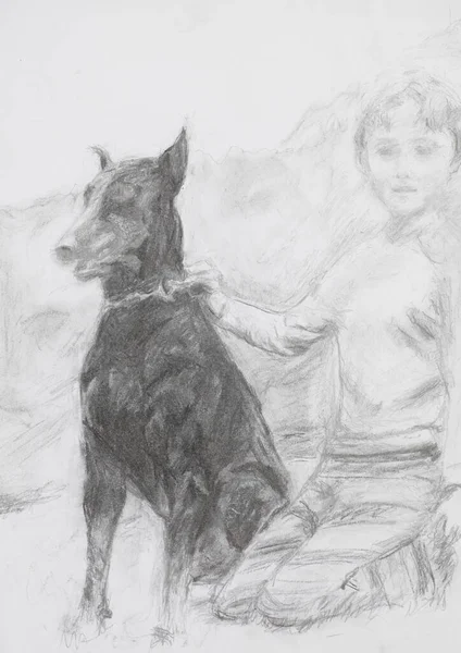 手绘的男孩和他的狗坐在大自然中的画像 铅笔技巧 — 图库照片