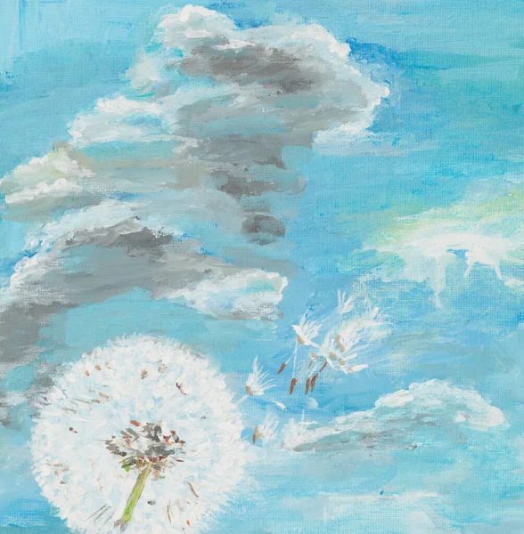 Watercolor Painting Illustrating Dandelion Cloudy Blue Sky — Stock Photo, Image