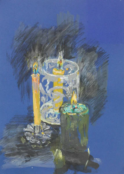 Handgezeichnete Pastell Illustration Von Drei Brennenden Kerzen Auf Blauem Hintergrund — Stockfoto