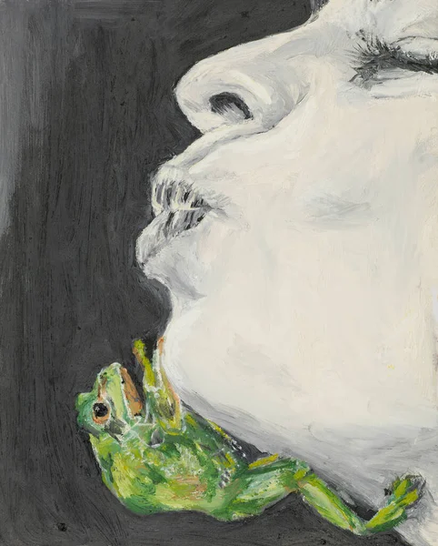 Green Frog Climbing Face Woman Waiting Kissed Oil Painting — Stock Photo, Image