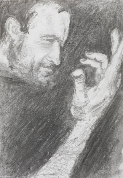 手のひらを見た男の肖像画の鉛筆画を手描きで描き — ストック写真