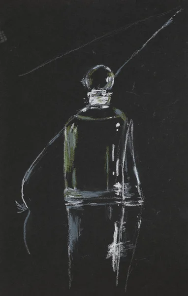 Illustrazione Pastello Disegnato Mano Bottiglia Profumo Trasparente Retroilluminato Sfondo Nero — Foto Stock