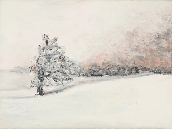 冬の日に雪に覆われた寂しい木を描いた油絵 — ストック写真
