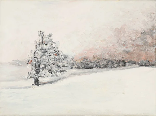 Oil Painting Illustrating Lonely Tree Covered Snow Winter Day — Stock Photo, Image