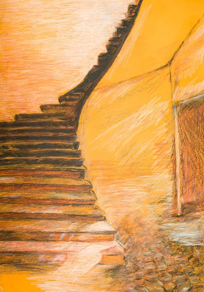 Taştan Merdivenlerin Yukarı Çıkmasının Renkli Resmedilmiş Hali — Stok fotoğraf