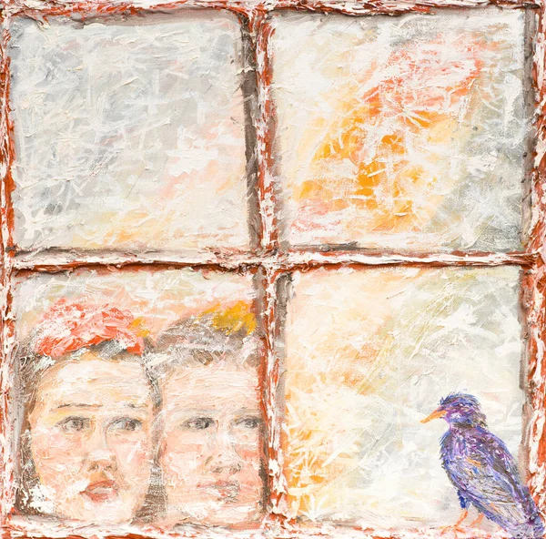 Oil Painting Illustrating Two Children Looking Bird Window Glass — Stock Photo, Image