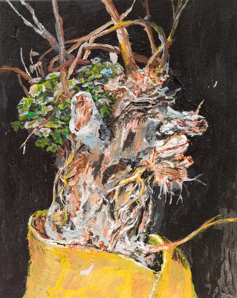 Pintura Óleo Ilustrando Buquê Flores Murchas Vaso Sobre Fundo Preto — Fotografia de Stock
