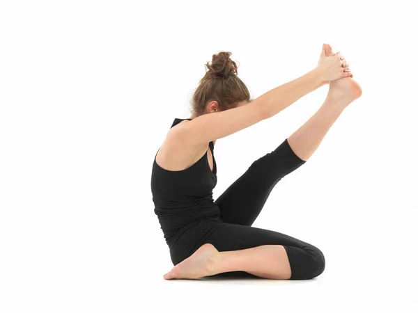 Mujer Blanca Vestida Negro Realizando Postura Yoga Difícil Vista Corporal —  Fotos de Stock