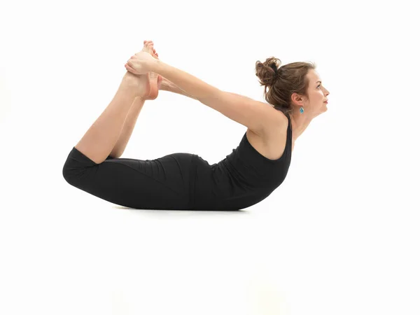 Giovane Donna Attraente Sul Pavimento Posa Yoga Invertita Vista Laterale — Foto Stock