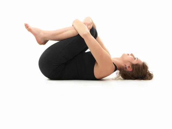 Mujer Caucásica Suelo Pose Yoga Relajado Vista Lateral Vestida Negro — Foto de Stock