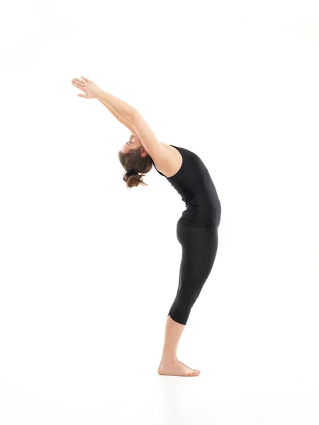 Pose Yoga Doblada Hacia Atrás Demostrada Por Una Mujer Joven —  Fotos de Stock