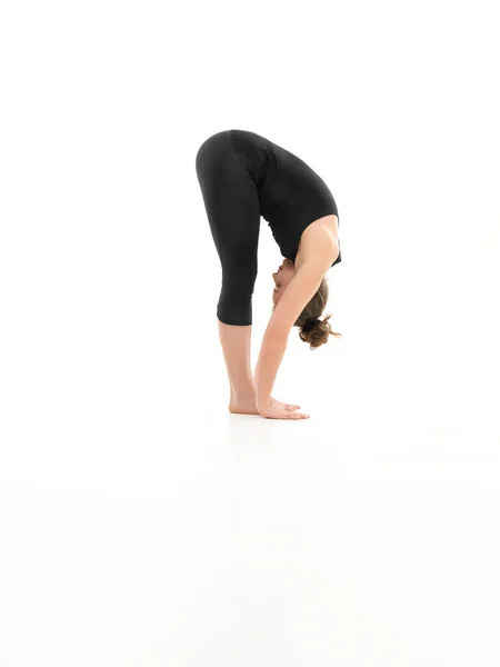 Yoga Pose Nach Vorne Dargestellt Von Yogafrau Dreesed Balck Auf — Stockfoto