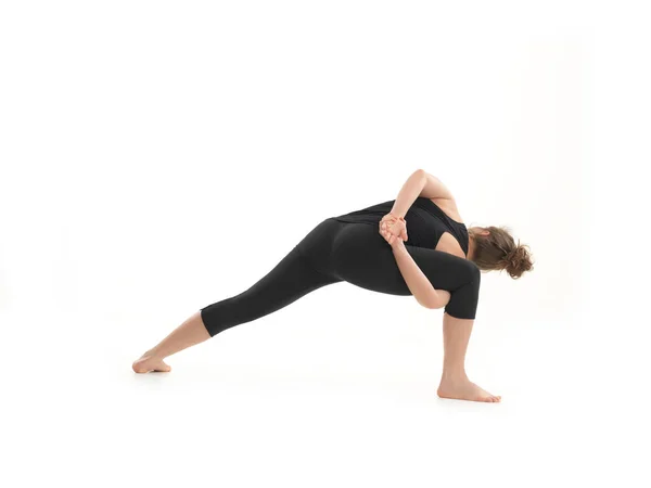 Vista Posterior Postura Yoga Equilibrio Adavnced Demostrada Por Mujer Vestida —  Fotos de Stock