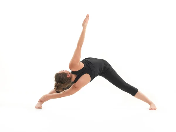 Joven Mujer Rubia Demostrando Estiramiento Postrure Yoga Con Cara Oscurecida —  Fotos de Stock