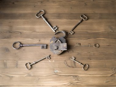 Ahşap arkaplanda kilit ve anahtarlar