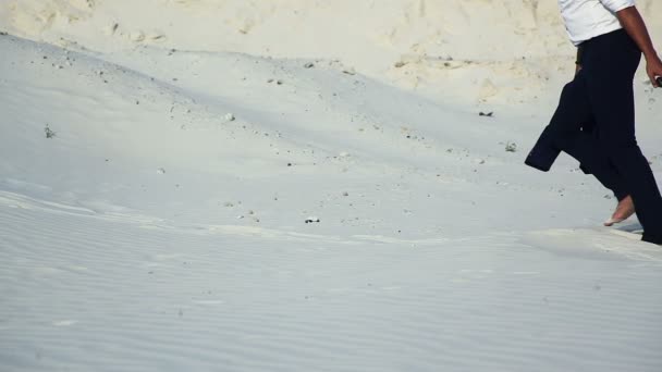 Empresário no deserto. Um jovem em um terno de negócios e um grande saco de bagagem no deserto. Empresário na estrada para o resort. Areia branca. Deserto sensual . — Vídeo de Stock