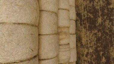 Tarım alanı sol saman Haystacks buğday hasat sonrası, tahıl alan yalan, tarım ve organik gıdalar vardı. Havadan görünümü.