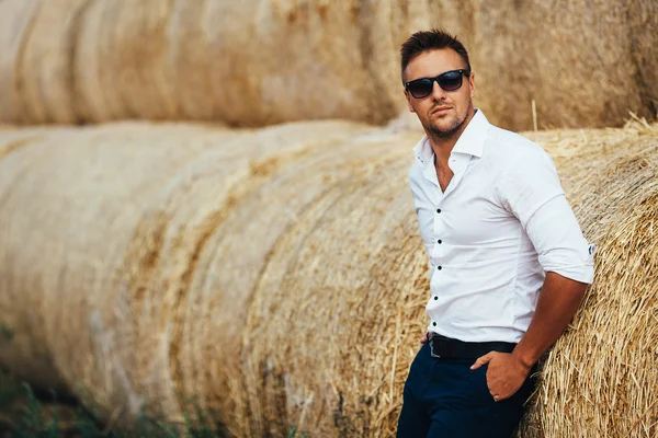İyi görünüyor saman, güneş gözlüklü genç adam.