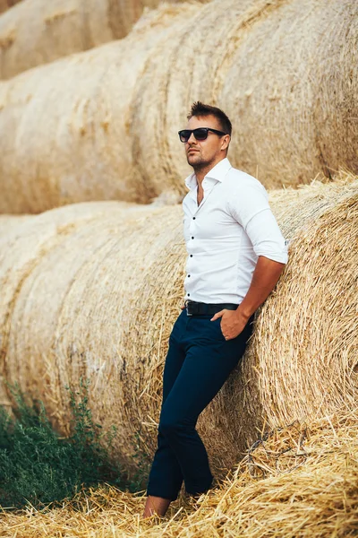 İyi görünüyor saman, güneş gözlüklü genç adam.