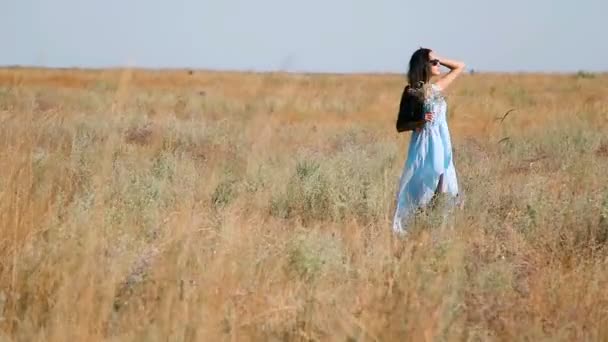 Menina bonita nova em um vestido azul gosta de flores estepe. Uma jovem mulher num prado. Estepes. Prado ensolarado florescente com grama alta espessa orelhas e flores — Vídeo de Stock