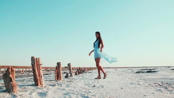年轻、 漂亮的女孩穿着蓝色的衣服在不寻常的地方。白色和粉红色的盐的道路上，周围的模型。乌克兰赫尔松地区盐湖. — 图库视频影像