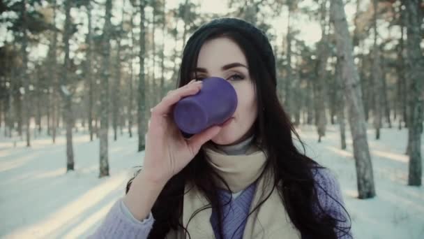 Pozytywna kobieta w ciepłym swetrze pije herbatę w zimowym lesie — Wideo stockowe