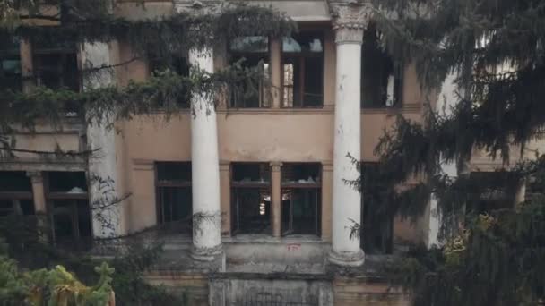 Sapins près de la façade décorée du bâtiment abandonné — Video