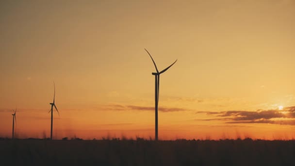 Silhouetten van windturbines in het veld tegen oranje zonsondergang — Stockvideo