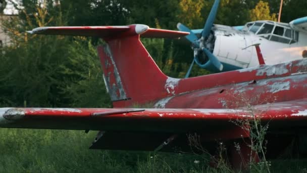 Delfin L-29 eğitim uçağı ve AN-2 uçağı havalimanında. — Stok video