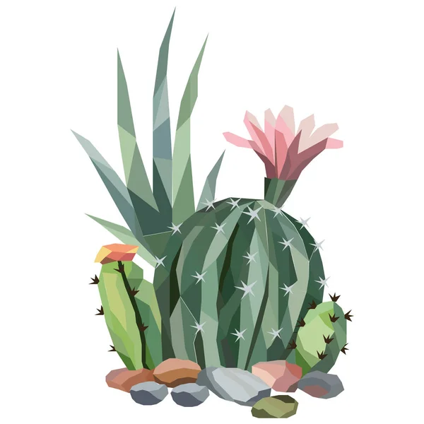 Niski Poli Ilustracja Drzewa Kaktusa Kwiatem Kamieniami Gradient Wielokątny — Wektor stockowy