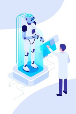 Modern Robot Laptop Kullanımı, Fütüristik Yapay Zeka Mekanizması Düz Vektör İllüstrasyonu