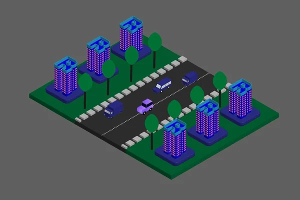 アイソメトリックモダンフラットビルディングベクトルイラスト ベクトル等式未来新都市 — ストックベクタ