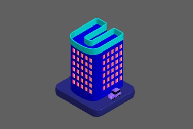 Isometric Modern Düz Bina Vektörü çizimi. Vektör izometrik gelecekçi yeni şehir