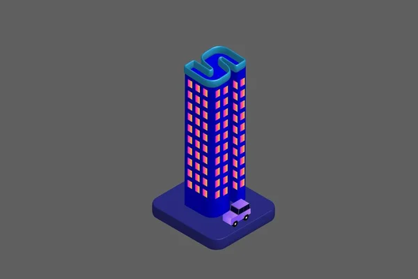 Ilsometric Modern Flat Building Vector Ilustrasi Vektor Isometrik Futuristik Kota - Stok Vektor