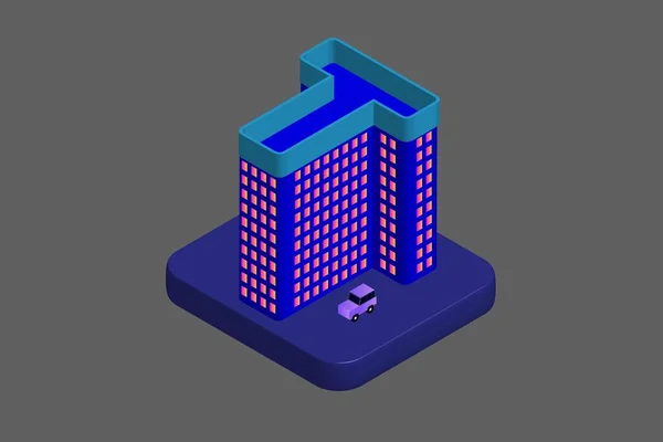 Isometric Modern Düz Bina Vektörü çizimi. Vektör izometrik gelecekçi yeni şehir