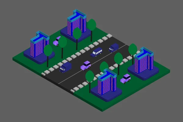 アイソメトリックモダンフラットビルディングベクトルイラスト ベクトル等式未来新都市 — ストックベクタ