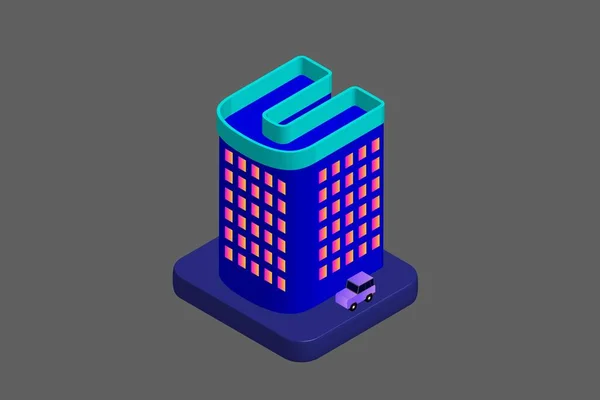Isometric Modern Düz Bina Vektörü çizimi. Vektör izometrik gelecekçi yeni şehir