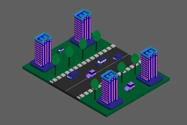 Isometric Modern Düz Bina Vektörü çizimi. Vektör izometrik gelecekçi yeni şehir