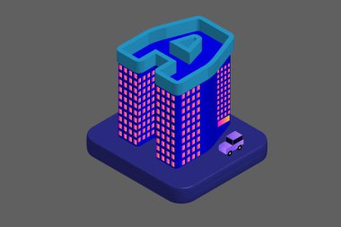 Isometric Modern Düz Bina Vektörü çizimi. Vektör izometrik gelecekçi yeni şehir
