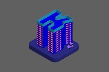 Isometric Modern Düz Bina Vektörü çizimi. Vektör izometrik gelecekçi yeni şehir