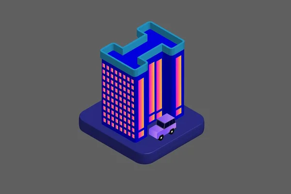 Isometric Modern Düz Bina Vektörü çizimi. Vektör izometrik gelecekçi yeni şehir