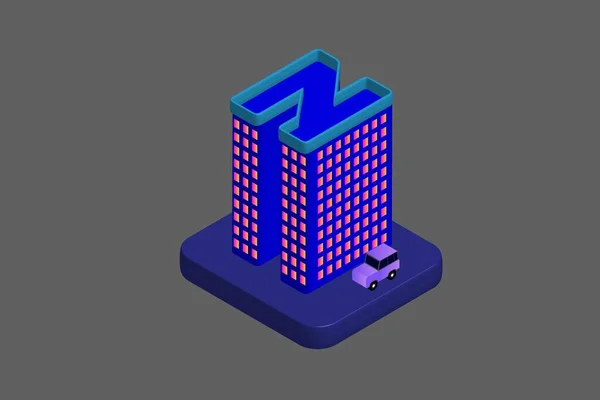 Isometric Modern Düz Bina Vektörü çizimi. Vektör izometrik gelecekçi yeni şehir