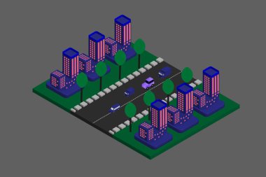 Isometric Modern Düz Bina Vektörü çizimi. Vektör izometrik gelecekçi yeni şehir