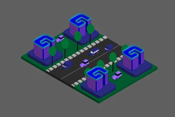Isometric Modern Düz Bina Vektörü çizimi. Vektör izometrik gelecekçi yeni şehir