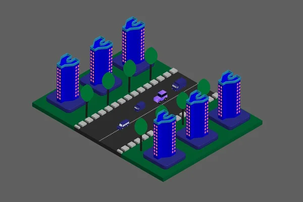 Isometric Modern Düz Bina Vektörü çizimi. Vektör izometrik gelecekçi yeni şehir