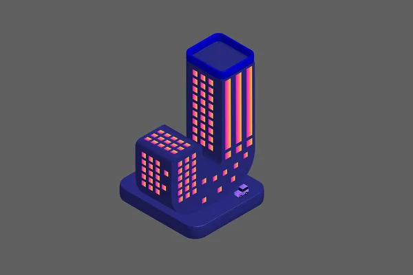 Isometric Modern Düz Bina Vektörü çizimi. Vektör izometrik gelecekçi yeni şehir