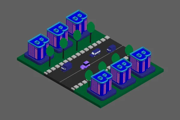 アイソメトリックモダンフラットビルディングベクトルイラスト ベクトル等式未来新都市 — ストックベクタ