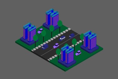 Isometric Modern Düz Bina Vektörü çizimi. Vektör izometrik gelecekçi yeni şehir