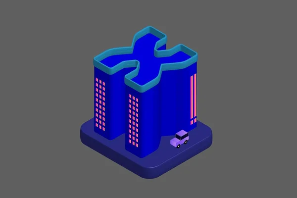 Isometric Modern Düz Bina Vektörü çizimi. Vektör izometrik gelecekçi yeni şehir