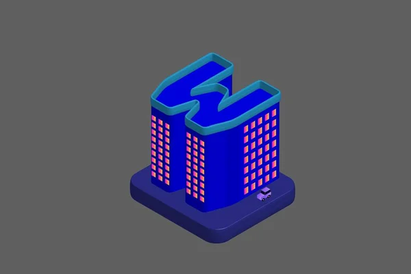 Isometric Modern Düz Bina Vektörü çizimi. Vektör izometrik gelecekçi yeni şehir